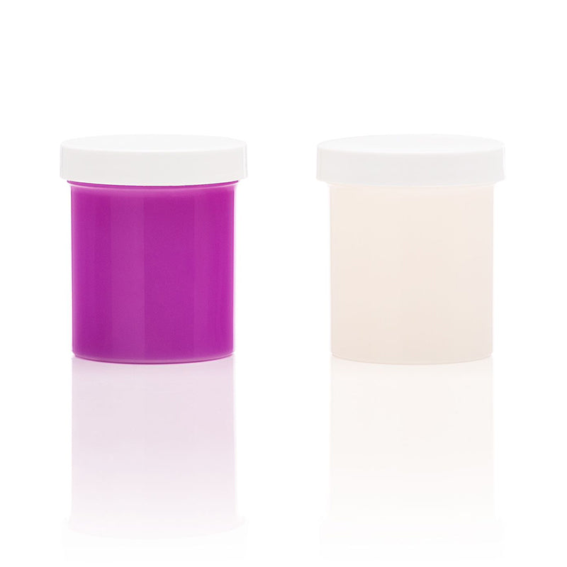 Two containers of liquid silicone refill, one purple and one white, on a reflective surface.