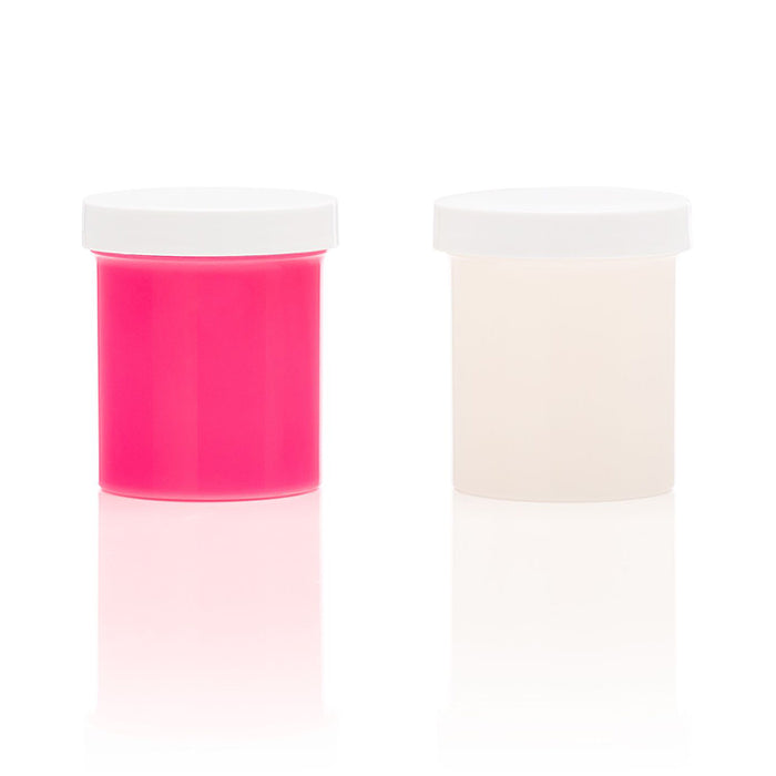 Two containers of liquid silicone refill, one pink and one white, on a reflective surface.