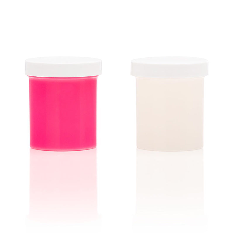 Two containers of liquid silicone refill, one pink and one white, on a reflective surface.
