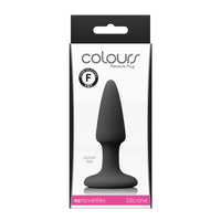 The product is a black anal plug with a tapered design and a suction cup base. It is packaged in a box with the brand 'Colours' displayed at the top.