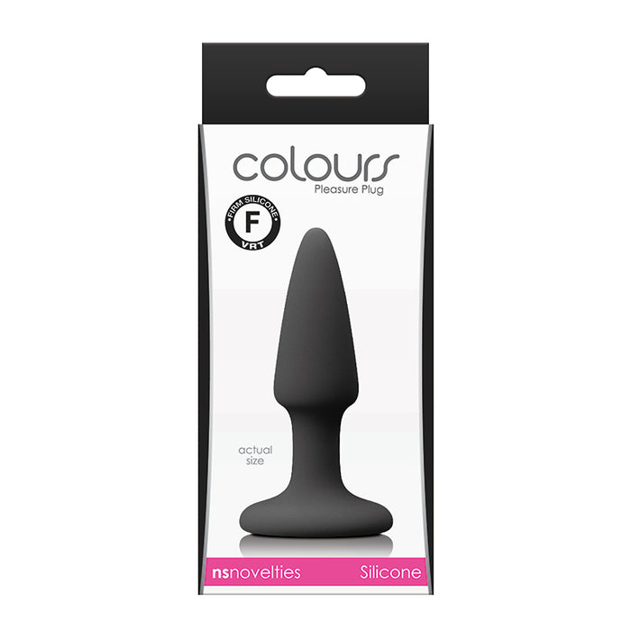 The product is a black anal plug with a tapered design and a suction cup base. It is packaged in a box with the brand 'Colours' displayed at the top.