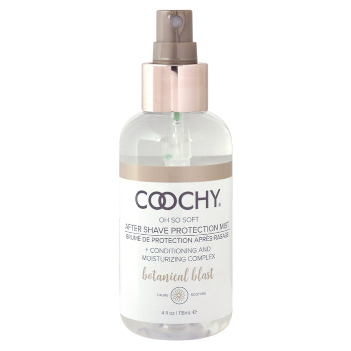A bottle of Coochy After Shave Protection Mist with a spray dispenser, labeled 'botanical blast'. The bottle is clear with a white liquid visible inside, and it has a beige label with black and green text.
