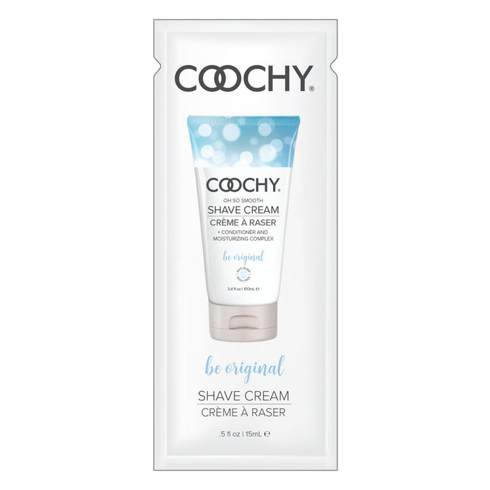 A tube of Coochy Shave Cream with a label that has the product name and the phrase 'be original'. The tube is predominantly white with blue accents and text.