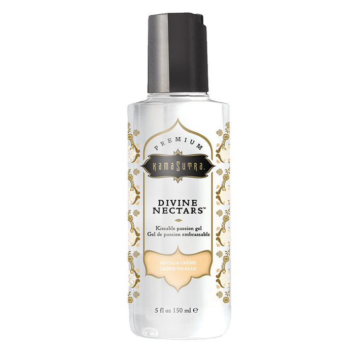 A bottle of Kama Sutra Divine Nectars Body Glide Vanilla Crème with a label showing the product name and a hint of a floral design.