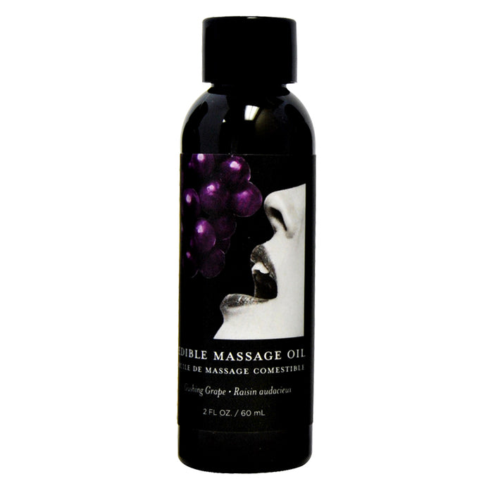A black bottle of Grape Edible Massage Oil by Earthly Edible, featuring a purple label with grapes depicted.