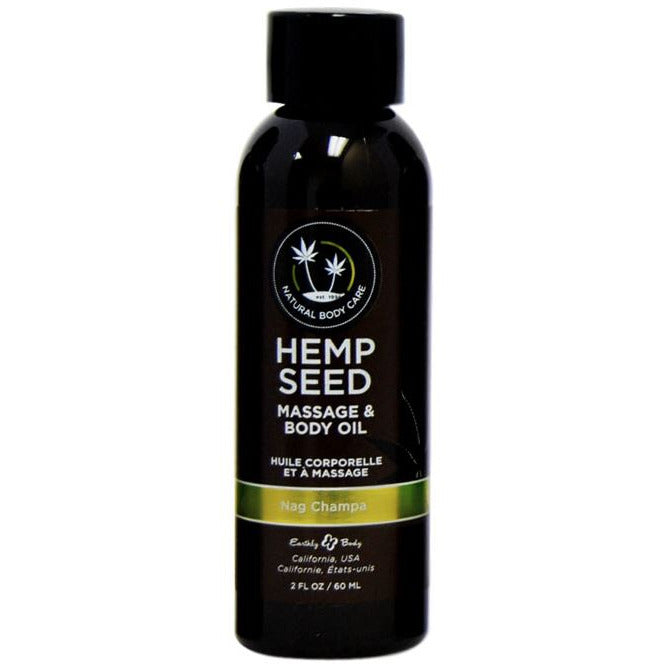 A bottle of Earthly Body Hemp Seed Body & Massage Oil in Naga Champa scent.