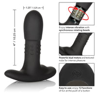 black anal plug with bumps and bottom base, with specs, on white back ground