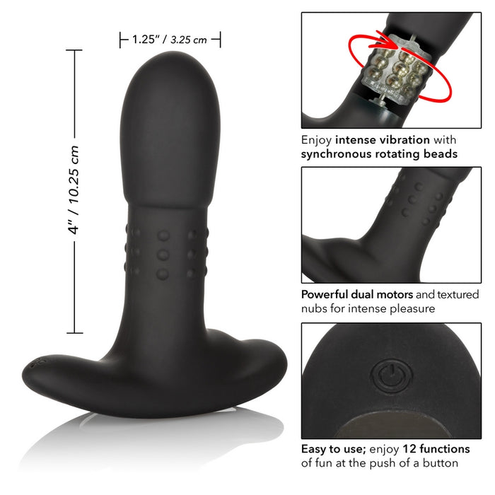 black anal plug with bumps and bottom base, with specs, on white back ground