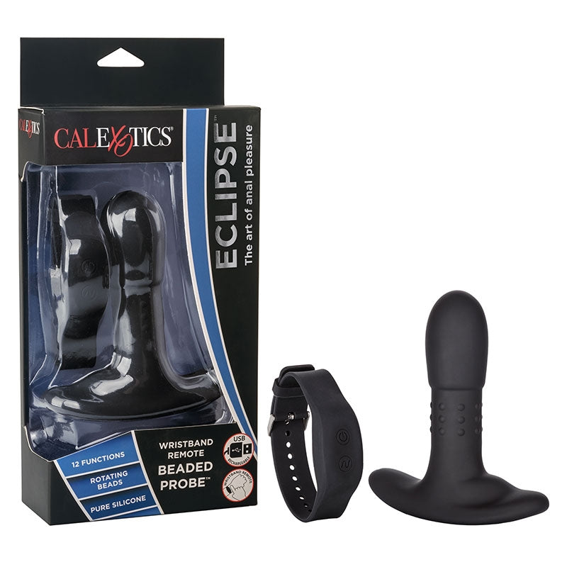 The product image shows the Eclipse Beaded Vibrating Anal Probe with a wrist remote. The probe is black, with a beaded rotating shaft and a curved base.