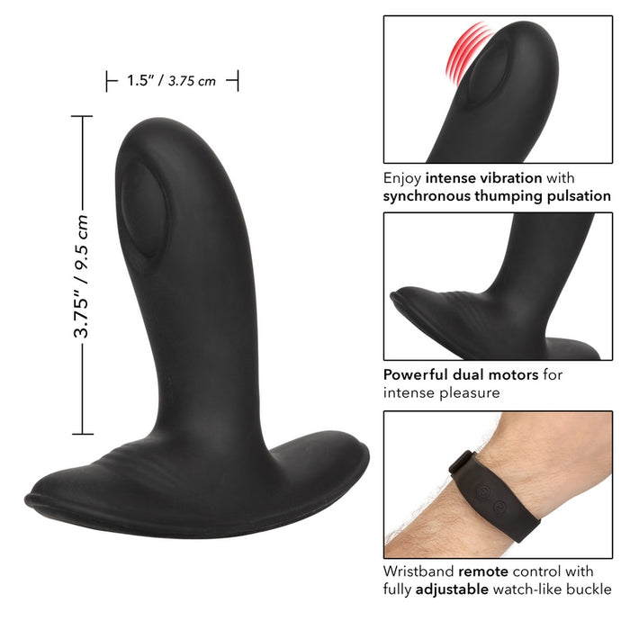 black curvbed butt plug with bottom base, with specs on a white back ground