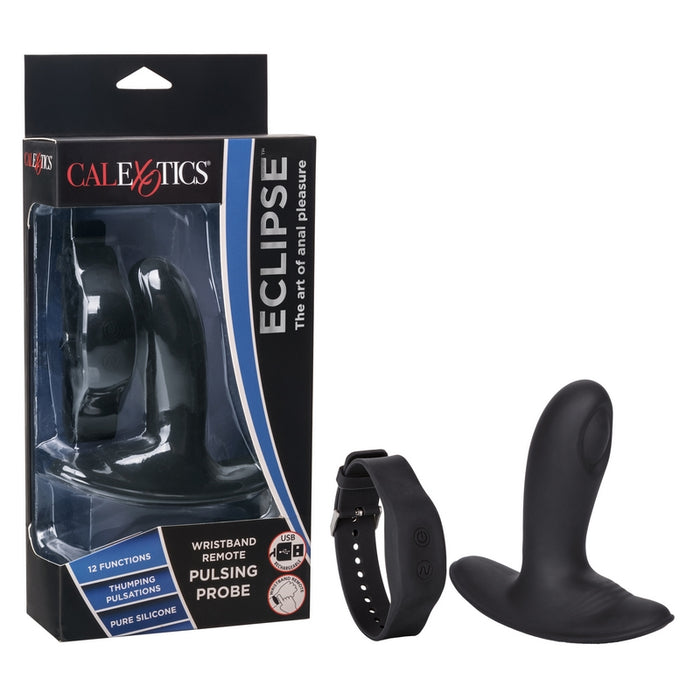 The product image shows the packaging of the Eclipse Pulsing Probe with a black silicone anal probe and a black wristband remote. The packaging highlights features such as 12 functions of vibration and pulsation, intense thumping sensation, and a range of 32.