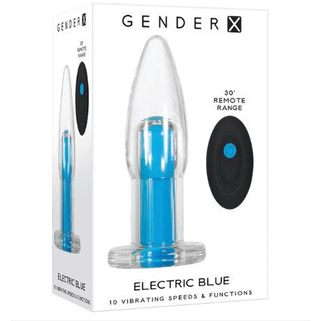 The product image shows a box packaging with a clear view of a blue and clear anal plug. The box highlights features like a remote control, ten speeds, and a see-through design.
