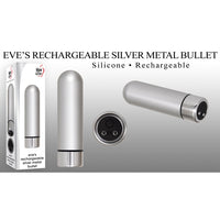 The product image shows a sleek, silver metal bullet vibrator with a polished base and a silicone control button. It includes views of the bullet, its packaging, and the silicone USB charging cable.
