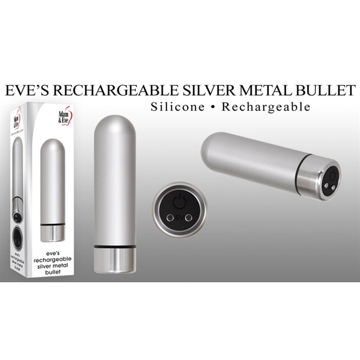 The product image shows a sleek, silver metal bullet vibrator with a polished base and a silicone control button. It includes views of the bullet, its packaging, and the silicone USB charging cable.