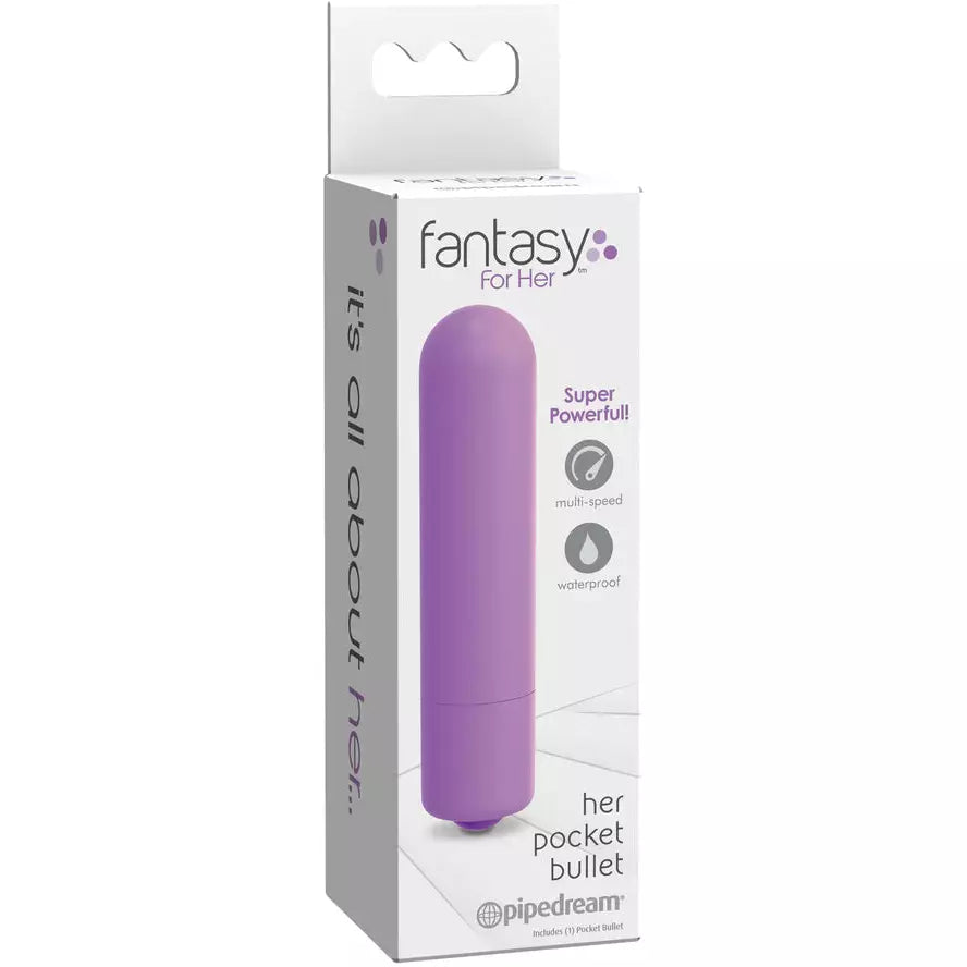 The product image shows a purple pocket bullet vibrator in its packaging, highlighting its powerful vibration and multi-speed settings.