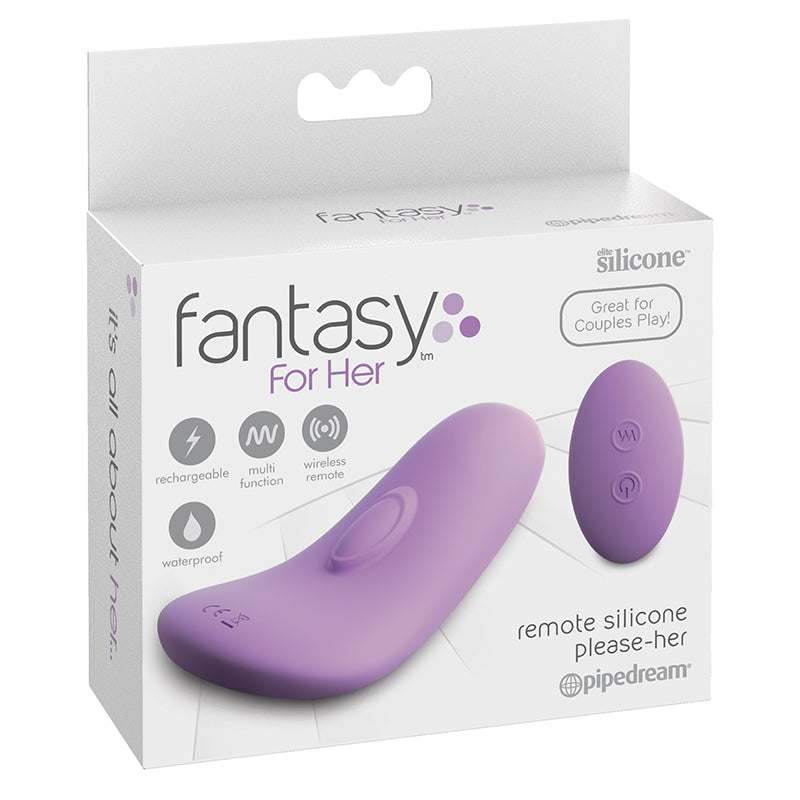 The product image shows the packaging of a purple remote-controlled vibrator, with the vibrator and its wireless remote displayed prominently. The packaging highlights features such as remote control, silicone material, rechargeable, and discreet design.