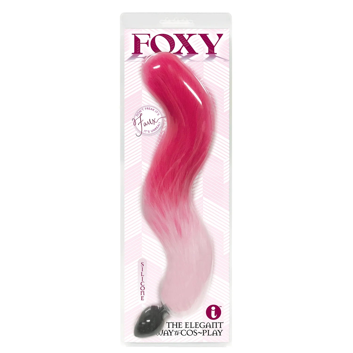 A pink anal plug with a faux fur tail, packaged in a clear plastic case with the brand 'Foxy' displayed at the top.