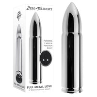 The product image shows a sleek, metallic bullet vibrator with a pointed tip and a silicone control button at the base. It is displayed in a vertical position against a white background, emphasizing its shiny, silver finish.