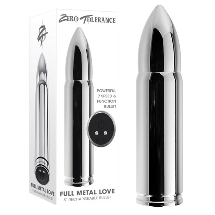 The product image shows a sleek, metallic bullet vibrator with a pointed tip and a silicone control button at the base. It is displayed in a vertical position against a white background, emphasizing its shiny, silver finish.