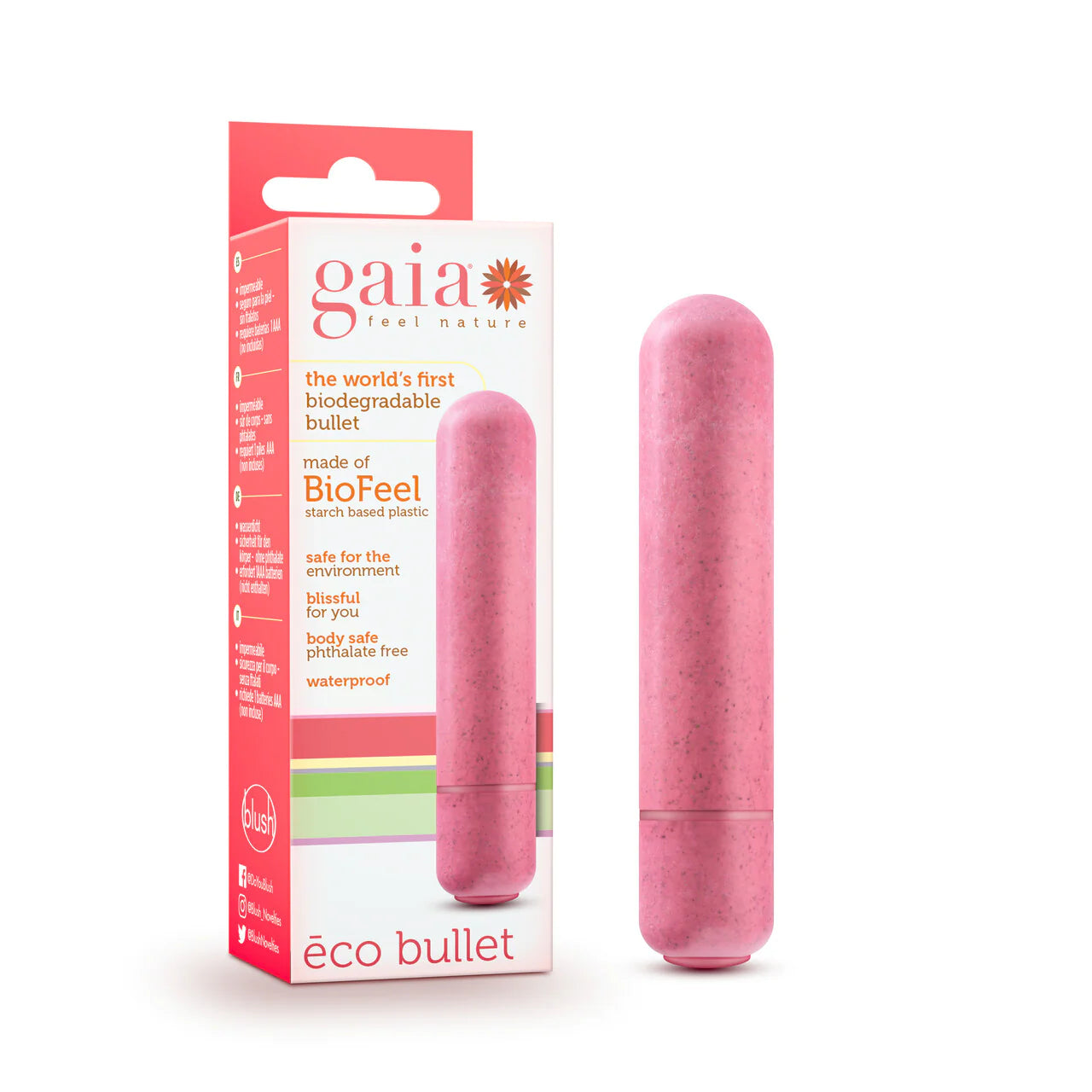 The product image shows the Gaia Eco Biodegradable Vibrating Bullet along with its packaging. The vibrator is a light pink color, cylindrical, and appears small in size.
