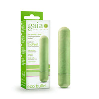 The product image shows the Gaia Eco Biodegradable Vibrating Bullet along with its packaging. The vibrator is a light green color, cylindrical, and appears small in size.