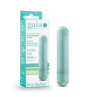 The product image shows the Gaia Eco Biodegradable Vibrating Bullet along with its packaging. The vibrator is a light teal color, cylindrical, and appears small in size.