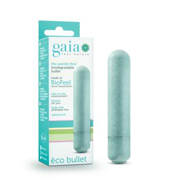 The product image shows the Gaia Eco Biodegradable Vibrating Bullet along with its packaging. The vibrator is a light teal color, cylindrical, and appears small in size.