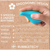 curved egg vibrator held in hand with specs
