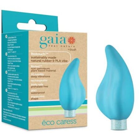A blue, curved vibrator alongside its packaging, highlighting its eco-friendly materials and features such as being latex-free, bioplastic, and waterproof.