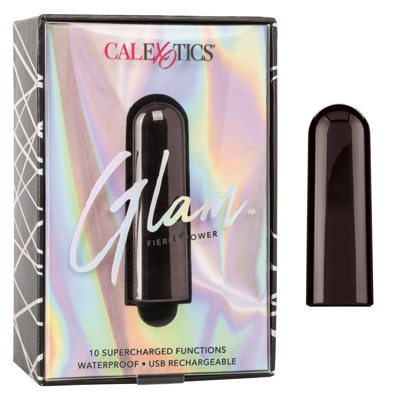 The image shows the packaging of the Cal Exotics' Glam Vibrating Bullet. The box is metallic with a reflective surface, displaying the product name and features like '10 supercharged functions', 'Waterproof', and 'USB rechargeable'.