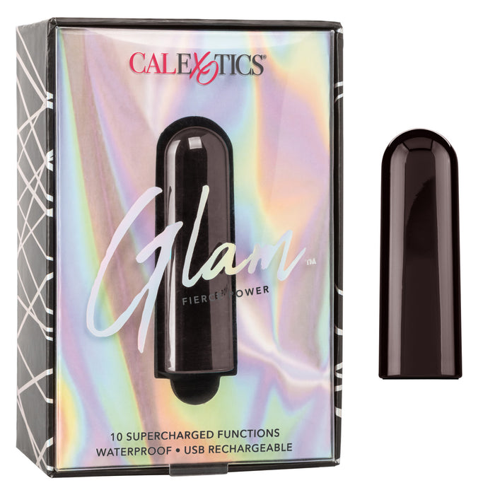 The image shows the packaging of the Cal Exotics' Glam Vibrating Bullet. The box is metallic with a reflective surface, displaying the product name and features like '10 supercharged functions', 'Waterproof', and 'USB rechargeable'.