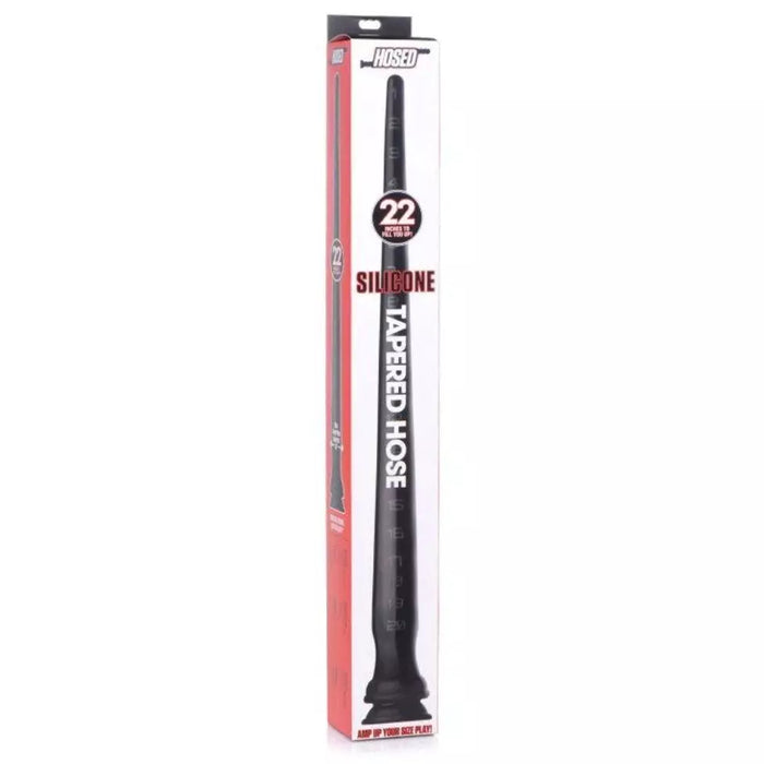The image shows a packaged silicone anal hose with a tapered tip. The packaging highlights the product's length of 22 inches and its silicone material.