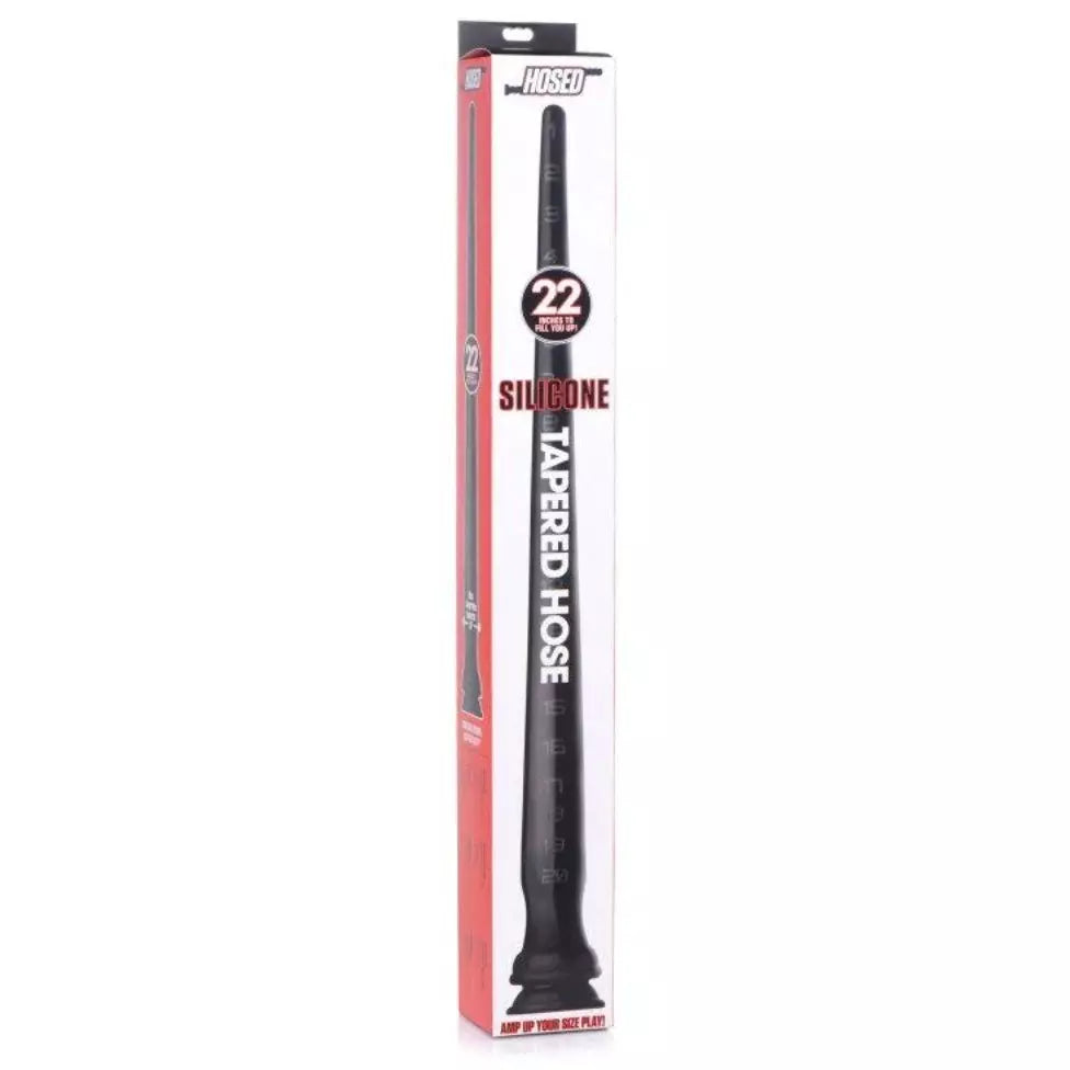 The image shows a packaged silicone anal hose with a tapered tip. The packaging highlights the product's length of 22 inches and its silicone material.