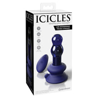 The product image shows the packaging of the Icicles No 83 Vibrating Remote Anal Plug. The box displays a blue glass plug with a wireless remote, highlighting its features such as the sensually contoured beads, flared base, and suction-cup base.
