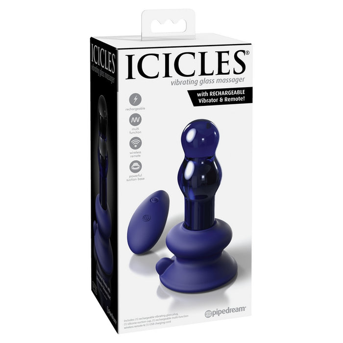 The product image shows the packaging of the Icicles No 83 Vibrating Remote Anal Plug. The box displays a blue glass plug with a wireless remote, highlighting its features such as the sensually contoured beads, flared base, and suction-cup base.