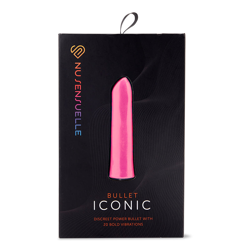 The product image shows a pink vibrating bullet in its black packaging, labeled 'Bullet Iconic' from Nu Sensuelle.