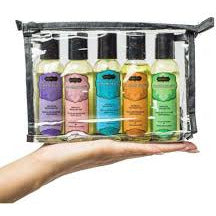 5 massage oil bottles in clear plastic pouch