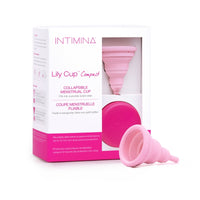 Packaging of Intimina Lily Cup Compact with a pink menstrual cup displayed in front of the box.