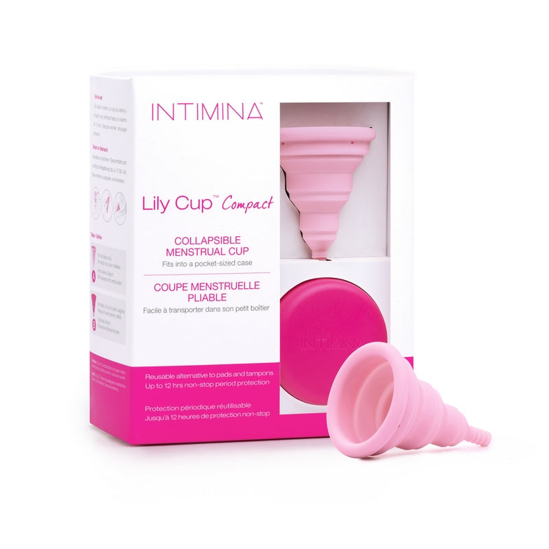 Packaging of Intimina Lily Cup Compact with a pink menstrual cup displayed in front of the box.