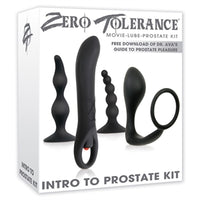 The product image shows a box containing a comprehensive prostate play kit with various black silicone toys of different shapes and sizes, plus an erotic cock ring. A DVD is also visible, indicating an instructional guide included.