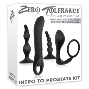 The product image shows a box containing a comprehensive prostate play kit with various black silicone toys of different shapes and sizes, plus an erotic cock ring. A DVD is also visible, indicating an instructional guide included.