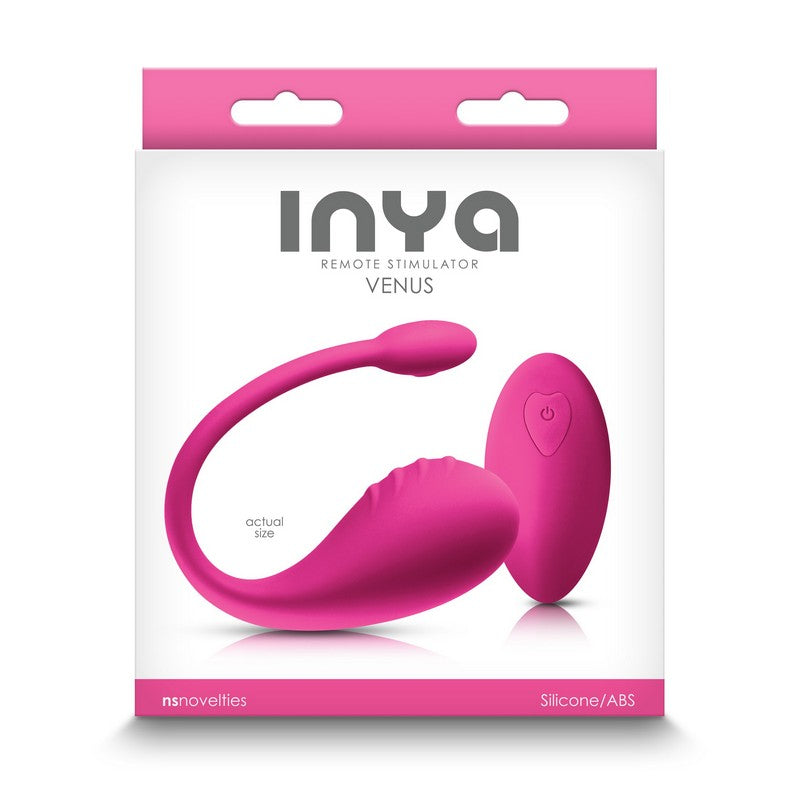 The product image shows the Inya Venus Vibrating Egg in a pink color, with a curved design for vaginal insertion and a separate remote control for operation. The packaging is predominantly white with pink accents, highlighting the brand 'Inya' and the product name 'Venus Remote Stimulator'.
