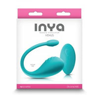 The product image shows the Inya Venus Vibrating Egg in a teal color, with a curved design for vaginal insertion and a separate remote control for operation. The packaging is predominantly white with pink accents, highlighting the brand 'Inya' and the product name 'Venus Remote Stimulator'.