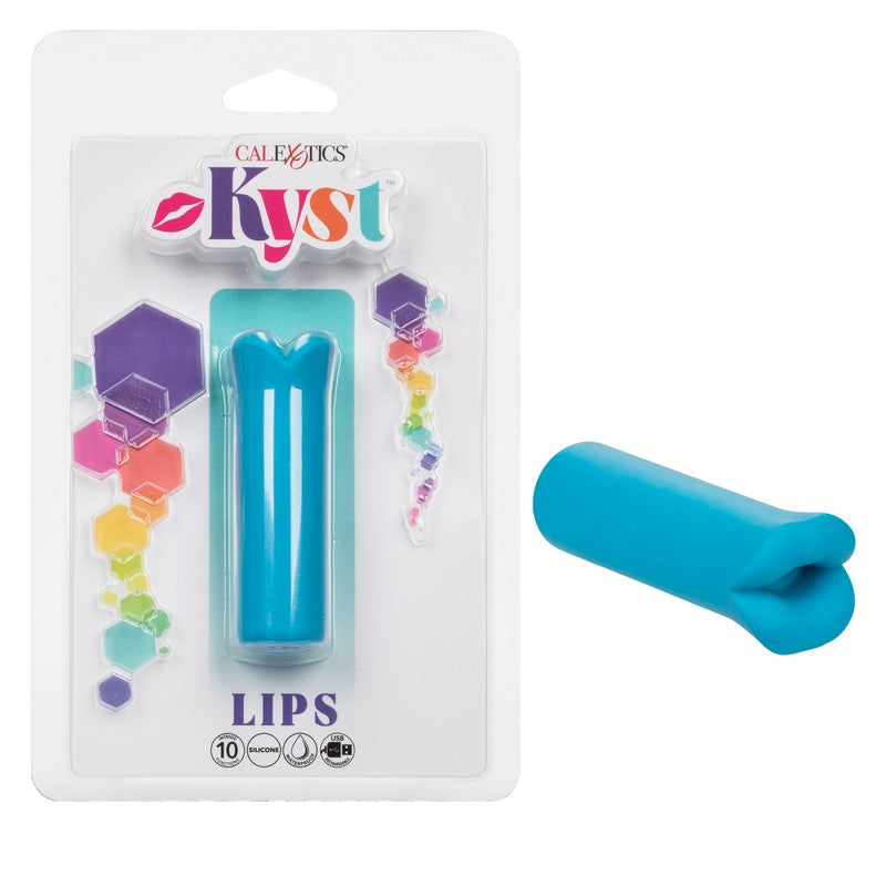 The product image shows the Kyst Lips Mini Massager in blue, designed like lips, and its packaging. The packaging is white with colorful accents and displays the product name and functions.