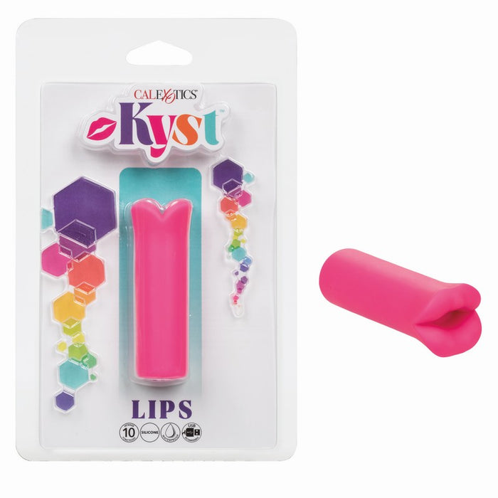The product image shows the Kyst Lips Mini Massager in pink, designed like lips, and its packaging. The packaging is white with colorful accents and displays the product name and functions.