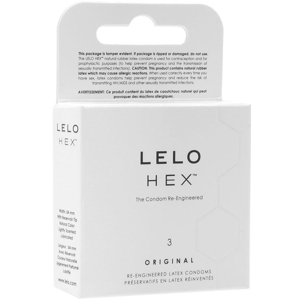 Packaging of LELO Hex Original Condoms with product information and branding visible.