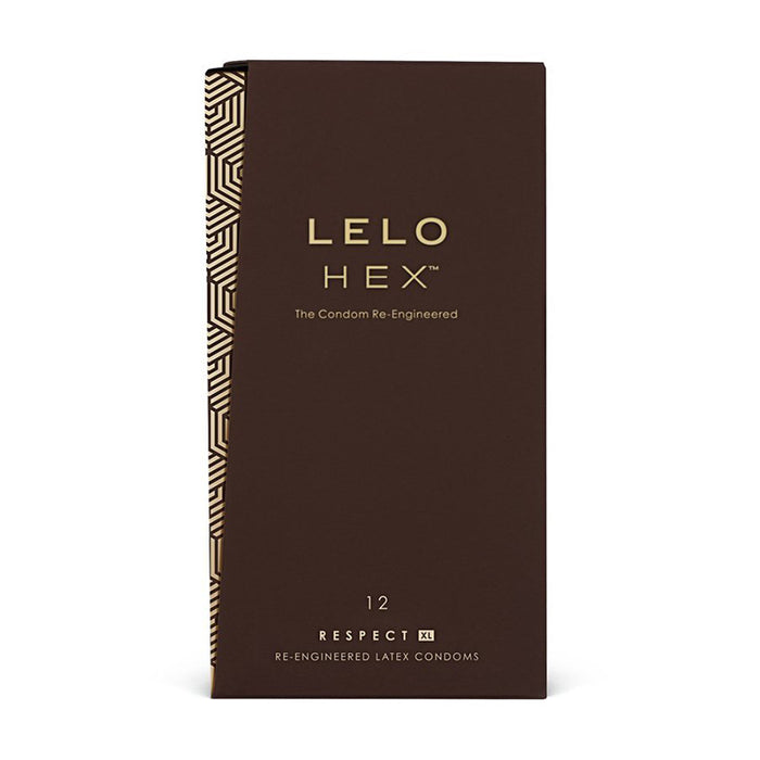 brown box of lelo hex condoms on white background