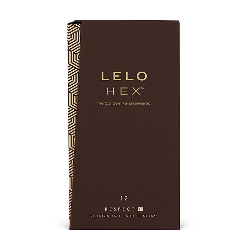 brown box of lelo hex condoms on white background