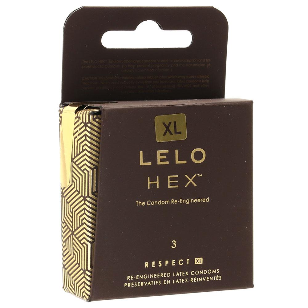 Packaging of LELO Hex Respect XL Condoms with geometric pattern and product information.
