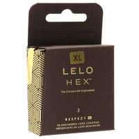 Packaging of LELO Hex Respect XL Condoms with geometric pattern and product information.